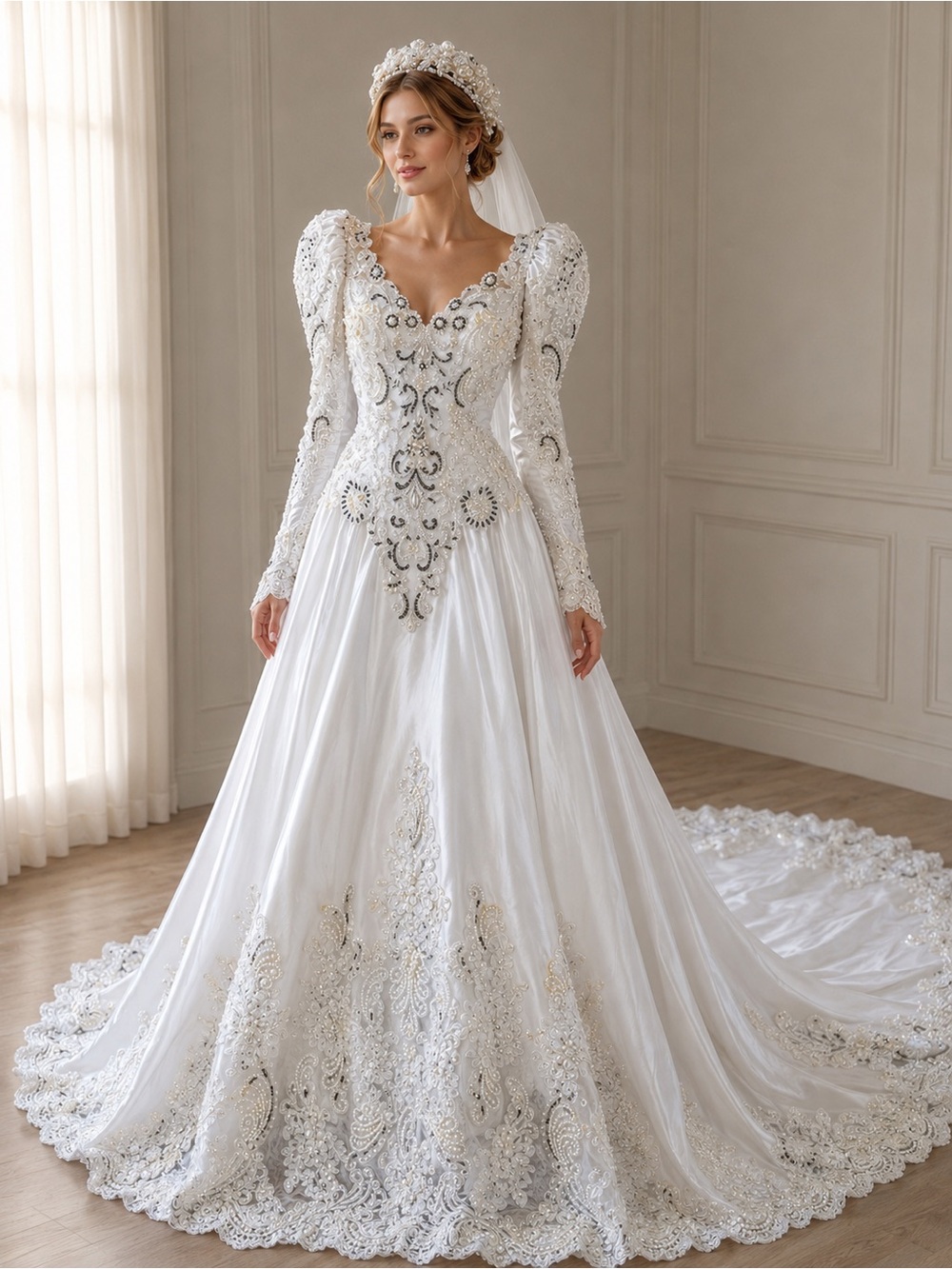NWOT VTG Beaded Satin Wedding Gown w/ Bailey Wallace Crown size 8